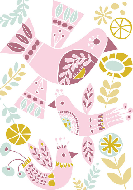Vector pastel folk birds illustration, editable and scalable. Perfect for cards: easter, valentine, baby shower and more. - Vector, Image