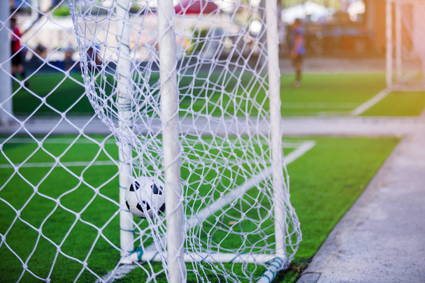 Football bounce is behind the goal line to Mesh goal. It is goal. The concept of situation. - Photo, Image