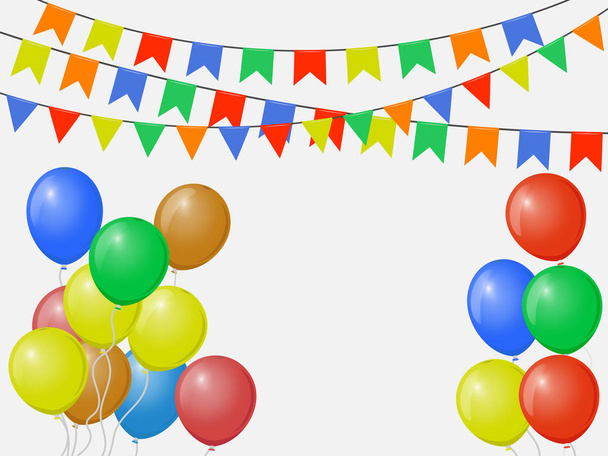 Festive multicolored colorful flags, garlands of Bunting isolated on white background with balloons. Vector template, greeting card, invitation, design elements. Eps 10. - Vector, Image