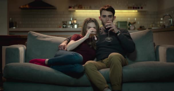 Ζευγάρι σε ένα άνετο καναπέ, βλέποντας τηλεόραση, πίνοντας ένα ποτήρι κρασί. - Πλάνα, βίντεο