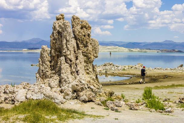 カリフォルニア州モノ郡の大規模で浅い塩水ソーダ湖で、トゥファ岩が形成されている。 - 写真・画像