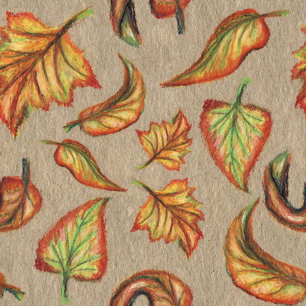 Raster seamless pattern with orange leaves drawing with oil pastel on kraft paper - Photo, image