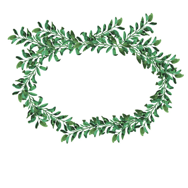 Fresh green branches frame isolated on white background. Hand drawn watercolor illustration. - Fotó, kép