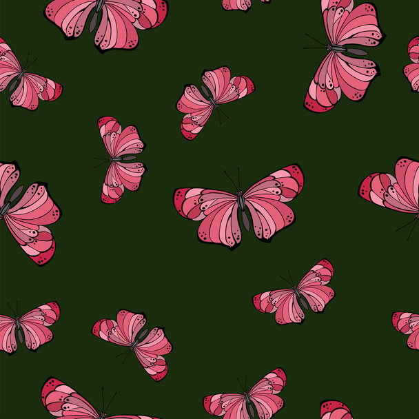 濃い緑色の背景にピンクの蝶とのシームレスなパターン。手描きの背景イラスト. - ベクター画像