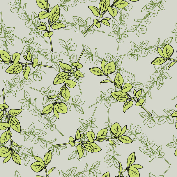 Seamless pattern with green leaves and branches on pastel grey background. Hand drawn vector illustration. - Вектор, зображення