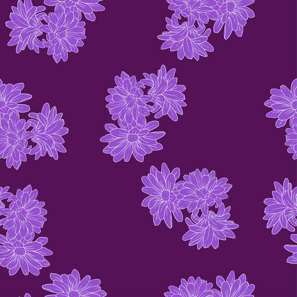 Seamless pattern with lilac chrysanthemum, daisy flower or camomile on violet background. Hand drawn vector illustration.  - Vektori, kuva