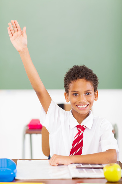 elementary schoolboy arm up in classroom - Zdjęcie, obraz