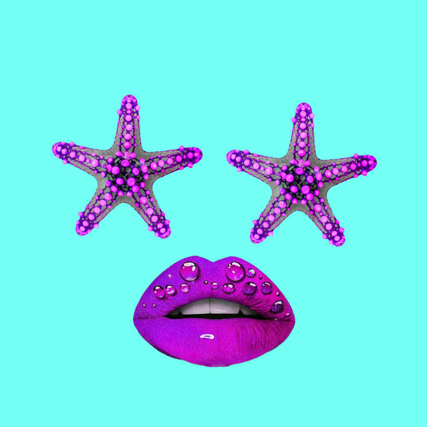 Contemporary art collage. Star fish eyes with lips. - Zdjęcie, obraz