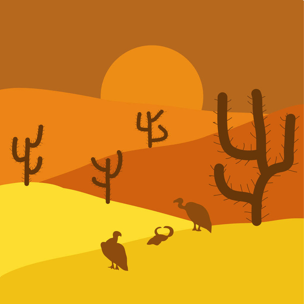 Desenhos animados em cores laranja, amarelo e marrom. Ilustração vetorial. Paisagem do deserto com cactos
. - Vetor, Imagem