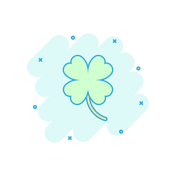 Vector cartoon four leaf clover icon in comic style. Clover sign illustration pictogram. Flower business splash effect concept. - Vector, Image
