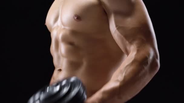 El hombre flexiona sus manos con mancuernas, entrenando sus bíceps sobre un fondo negro en el estudio
 - Metraje, vídeo