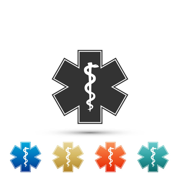 Ιατρικές σύμβολο έκτακτης ανάγκης - εικονίδιο αστέρι της ζωής, που απομονώνονται σε λευκό φόντο. Ορίστε στοιχεία σε χρωματιστές εικόνες. Επίπεδη σχεδίαση. Εικονογράφηση διάνυσμα - Διάνυσμα, εικόνα