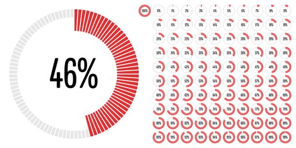 Készlet-ból kör százalékos diagramok 0-tól 100-használatra kész a web design, felhasználó illesztő (Ui), vagy infographic - jelző piros - Vektor, kép