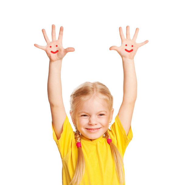 . Kid raising hands up. Isolated on white - Fotó, kép