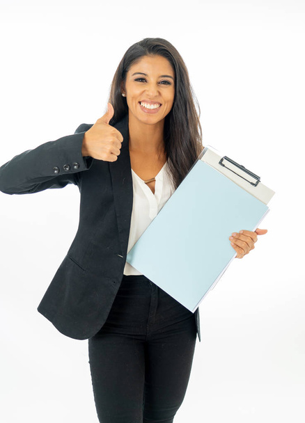 Full length portrait of Attractive latin corporate latin woman looking excited and making thumb up sign in Creative success and happiness at work concept isolated on white background - Foto, imagen
