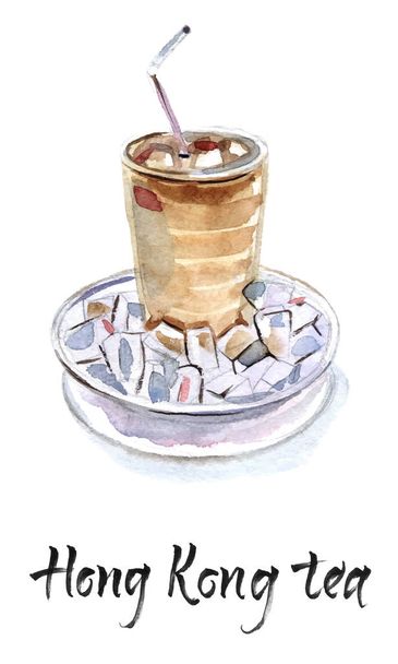 Hong kong jeges tea üveg cső és csészealj, akvarell vektor kézzel rajzolt ábra - Vektor, kép