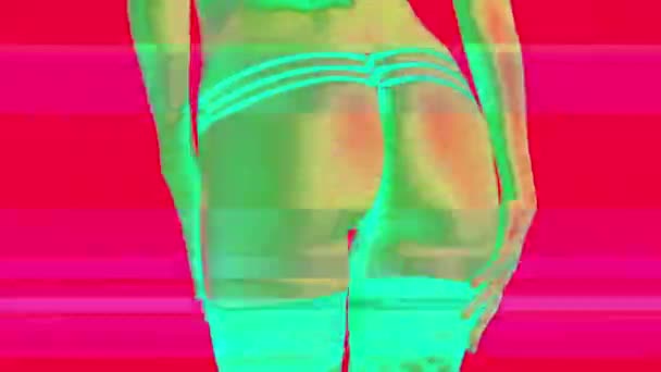 Mittelteil der sexy Frau tanzt in Strümpfen und Dessous mit überlagertem Glitch-Effekt - Filmmaterial, Video