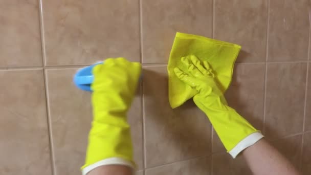 Hausfrau putzt Wandfliesen - Filmmaterial, Video