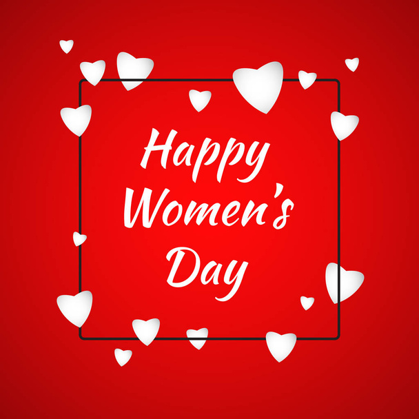 Happy Women's Day cover vector illustration. Lovely creative design fpr web, print materials. Holiday template image. White heart composition on red background. Calligraphy tagline in black frame. - Wektor, obraz