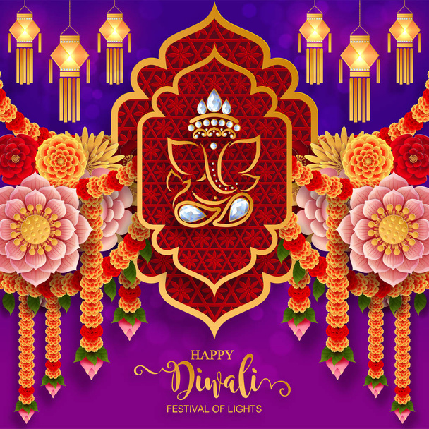 glücklich Diwali Festival-Karte mit Gold Diya gemustert und Kristallen auf Papier farbigen Hintergrund. - Vektor, Bild