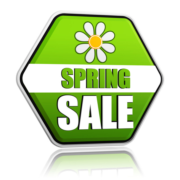Frühlingsverkauf grünes Sechseck-Etikett mit Blume - Foto, Bild
