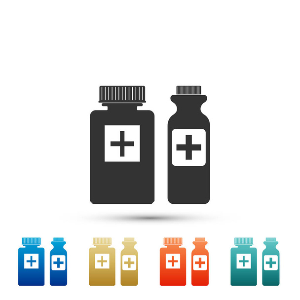 Icono de botellas médicas aisladas sobre fondo blanco. Tabletas símbolo. Salud. Establecer elementos en iconos de colores. Diseño plano. Ilustración vectorial
 - Vector, Imagen