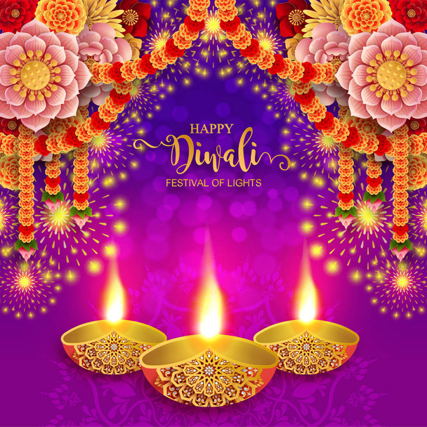 Happy Diwali cartão do festival com ouro diya modelado e cristais na cor do papel Fundo
. - Vetor, Imagem
