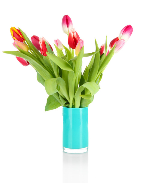 Beautiful tulips in bucket isolated on white - 写真・画像