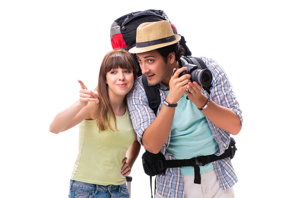 Young family preparing for vacation travel on white - Foto, Bild