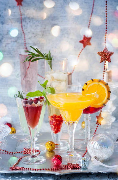 Festive cocktails for holiday on the silver tray - Foto, Imagem