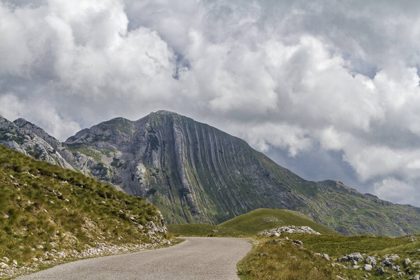 wunderschöne Landschaft in Montenegro mit frischem Gras und wunderschönen Gipfeln. Durmitor Nationalpark in Montenegro Teil der Dinarischen Alpen. Durmitor Park, Unesco-Weltkulturerbe seit 1980, bedeutet Schlafpark. - Foto, Bild