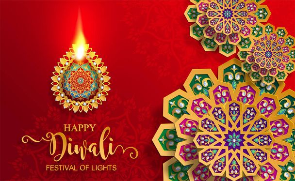 Happy Diwali festivaali kortti kulta diya kuviollinen ja kiteitä paperilla väri Taustaa
. - Vektori, kuva