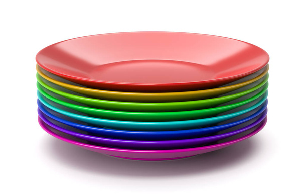 Stack of Clean Colorful Dishes on White Background 3D Illustration - Photo, Image