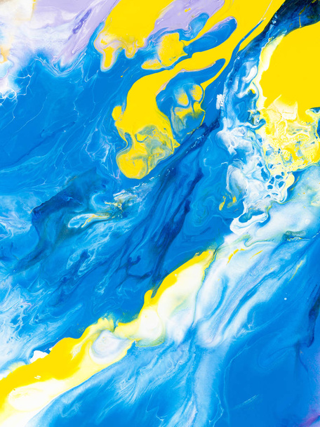 Sininen ja keltainen luova abstrakti käsinmaalattu tausta, marmori rakenne, fragmentti akryyli maalaus kankaalle. Nykytaidetta. Nykytaide
. - Valokuva, kuva