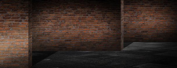 Fond d'un couloir vide, sous-sol, tunnel avec briques, vieux murs et néons. Murs de briques, néon, fumée. Scène d'arrière-plan vide, lumineux
 - Photo, image