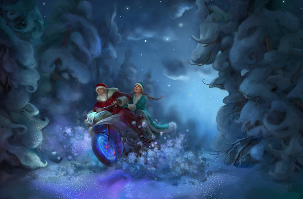 Santa Claus and Snow Maiden in a forest illustration - Photo, Image