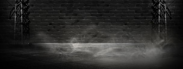Background of an empty corridor, basement, tunnel with brick, old walls and neon lights. Brick walls, neon, smoke. Empty background scene, bright - Photo, Image