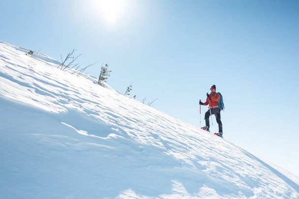 雪靴のアルピニストは、バックパックを運ぶ。冬の山での旅。自然の中の極端な休暇. - 写真・画像