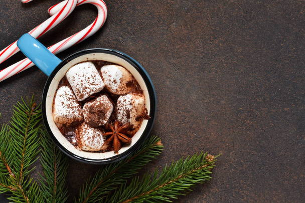 Hot chocolate is a traditional winter drink. Christmas background. - Photo, image