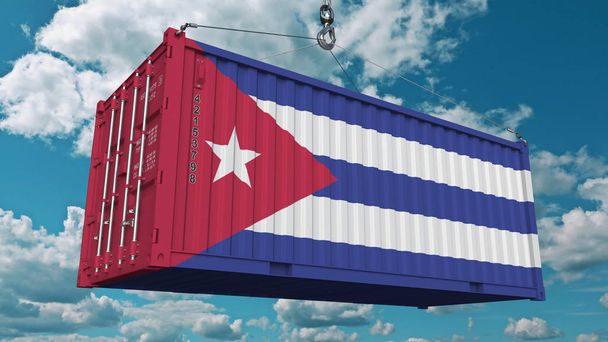 Loading cargo container with flag of Cuba. Cuban import or export related conceptual 3D rendering - Fotoğraf, Görsel