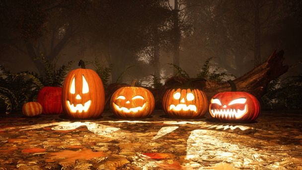 A few various funny Jack-o-lantern carved halloween pumpkins in haunted autumn forest at foggy dusk or night. Fall season festive 3D illustration from my own 3D rendering file. - Foto, imagen