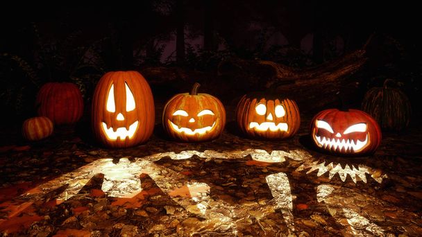 Close up of various funny Jack-o-lantern carved halloween pumpkins on a ground covered by fallen autumn leaves in mystical forest at dark night. 3D illustration from my own 3D rendering file. - Foto, Imagem