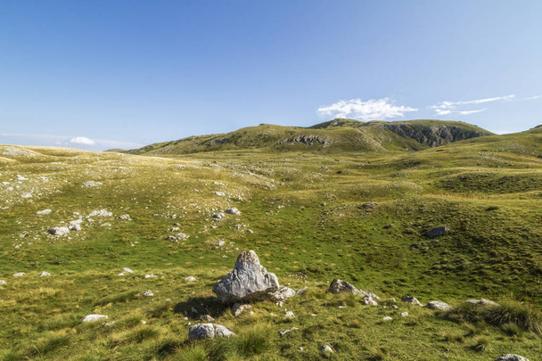 Piękny krajobraz w Czarnogórze z świeżej trawy i piękne szczyty. Park Narodowy Durmitor w Czarnogórze część Dynarskie. Park Durmitor, wpisanego na listę światowego dziedzictwa UNESCO od 1980 roku, oznacza spanie park. - Zdjęcie, obraz