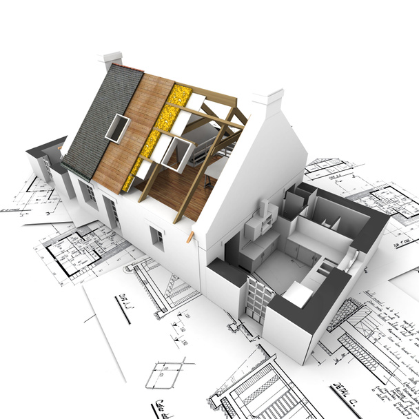 Casa com camadas de telhado expostas e planos
 - Foto, Imagem