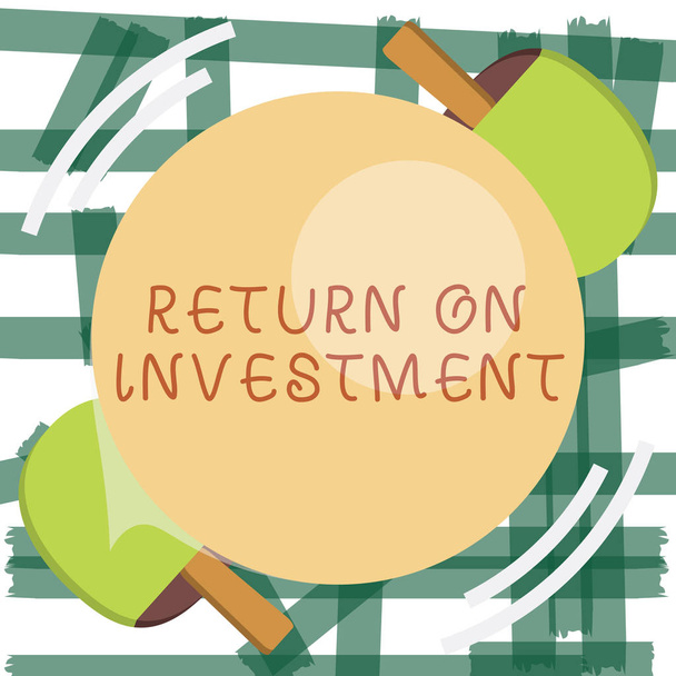 Σύνταξη σημείωσης δείχνει Return On Investment. Επενδύονται επιχείρηση φωτογραφία προβάλλοντας την αναλογία μεταξύ του καθαρού κέρδους και κόστος - Φωτογραφία, εικόνα