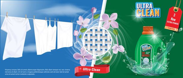 Plantilla de publicidad de detergente de lavandería con efecto de salpicadura de agua, ropa blanca y flores bonitas. Ilustración vectorial
. - Vector, imagen