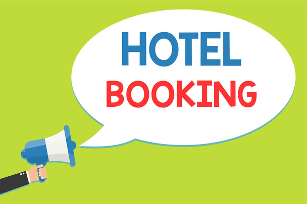 Word writing text Hotel Booking. Business concept for Online Reservations Presidential Suite De Luxe Hospitality Man holding megaphone loudspeaker speech bubble message speaking loud. - Photo, Image