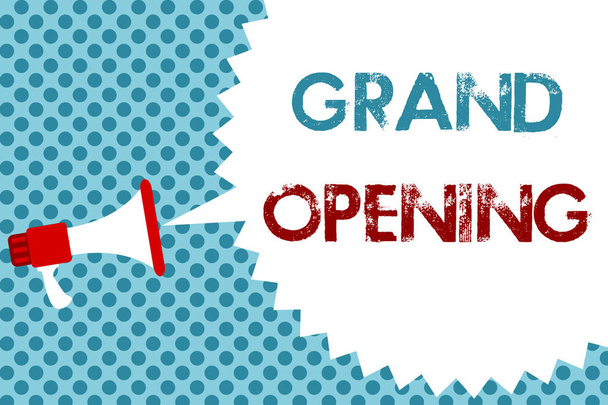 Text sign showing Grand Opening. Conceptual photo Ribbon Cutting New Business First Official Day Launching Megaphone loudspeaker speech bubble message blue background halftone. - Photo, Image