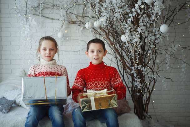 Αδελφός και αδελφή δοθεί σε κάθε άλλο ένα κουτί δώρου δίπλα το χριστουγεννιάτικο δέντρο. - Φωτογραφία, εικόνα