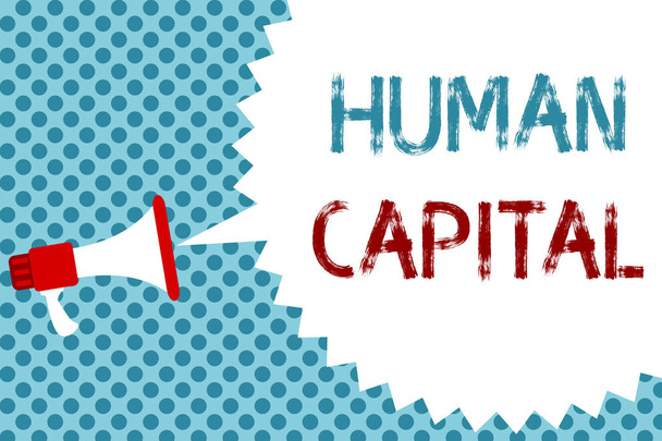 Text sign showing Human Capital. Conceptual photo Intangible Collective Resources Competence Capital Education Megaphone loudspeaker speech bubble message blue background halftone. - Photo, Image
